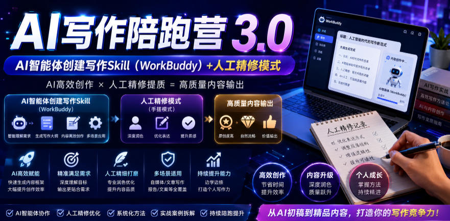 AI写作陪跑营3.0,Ai智能体创建写作skill(workbuddy)+人工手写模式(手搓模式),去除AI痕迹(头条号、公众号、百家号)(更新0730)