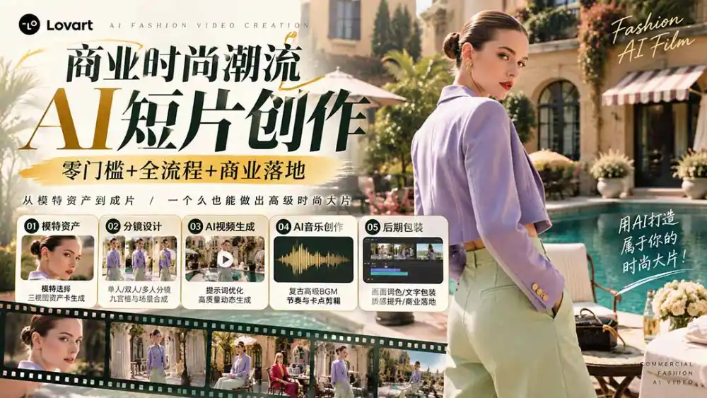 从一张模特图到高级时尚广告大片：AI三视图资产、场景合成、电影分镜、动态生成与复古音乐剪辑实战课