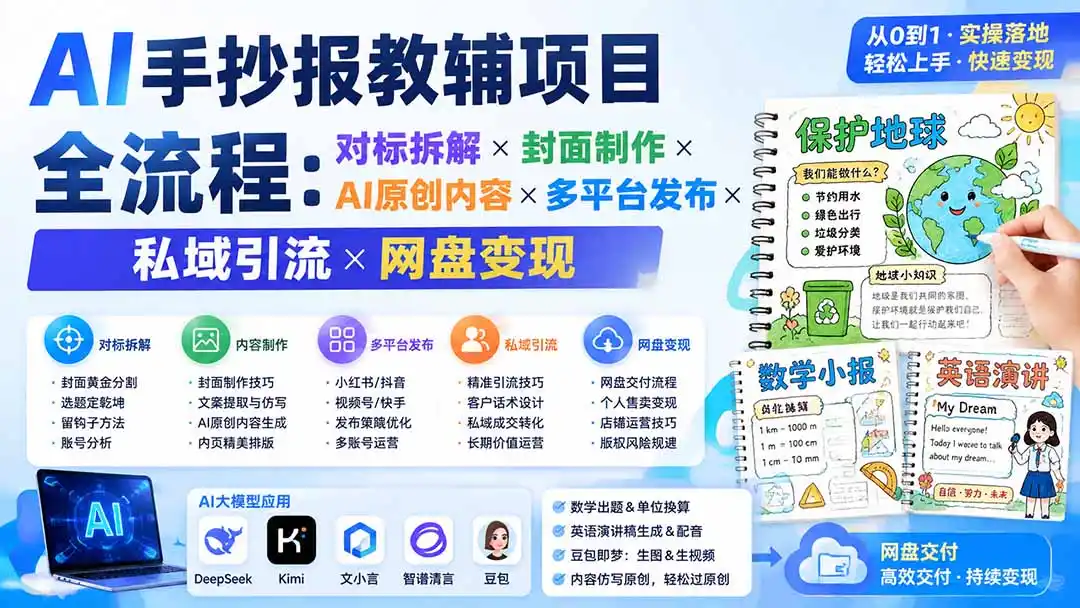 AI手抄报教辅项目全流程：对标拆解×封面制作×AI原创内容×多平台发布×私域引流×网盘变现