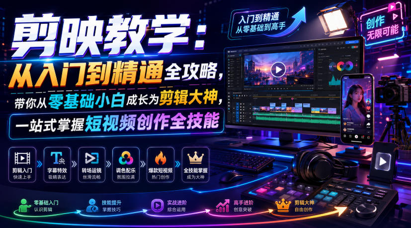 剪映教学：从入门到精通全攻略，带你从零基础小白成长为剪辑大神，一站式掌握短视频创作全技能