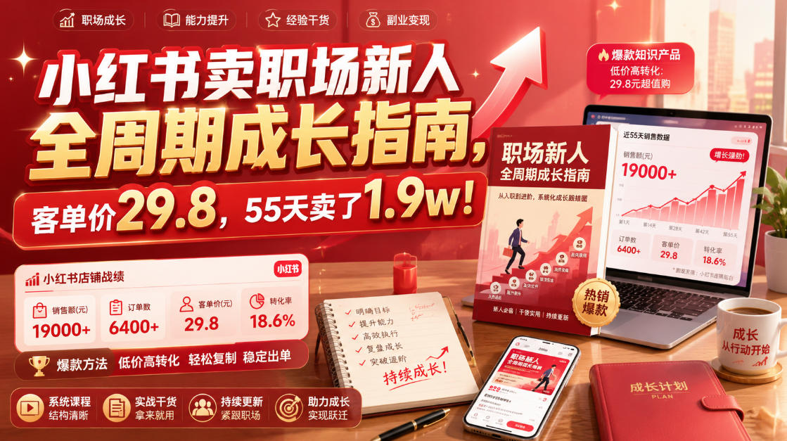 小红书卖职场新人全周期成长指南，客单价29.8，55天卖了1.9w！