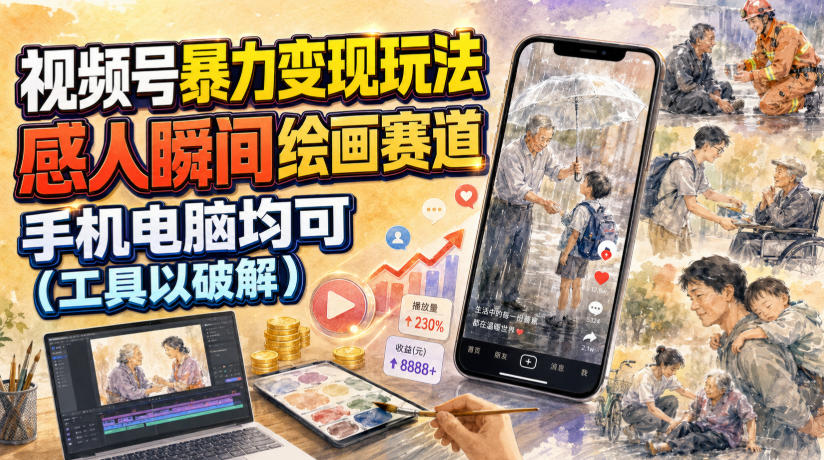 视频号暴力变现玩法，感人瞬间绘画赛道，手机电脑均可