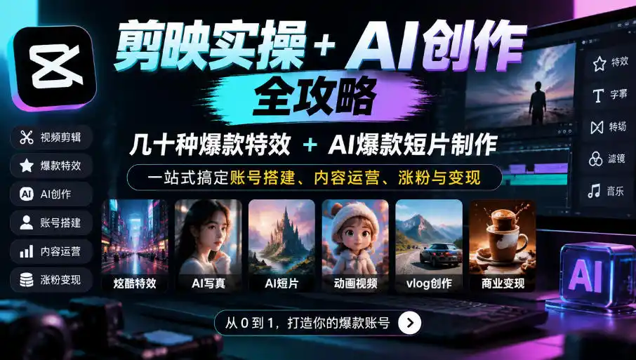 剪映实操+AI创作全攻略｜几十种爆款特效+AI爆款短片制作，一站式搞定账号搭建、内容运营、涨粉与变现
