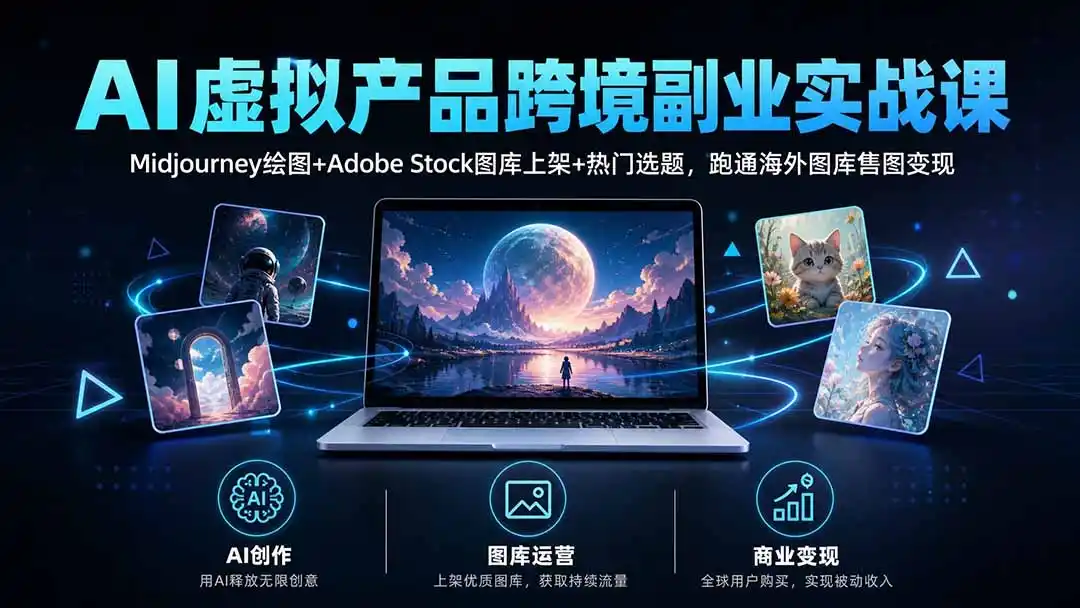 AI虚拟产品跨境副业实战课｜Midjourney绘图+Adobe Stock图库上架+热门选题，跑通海外图库售图变现