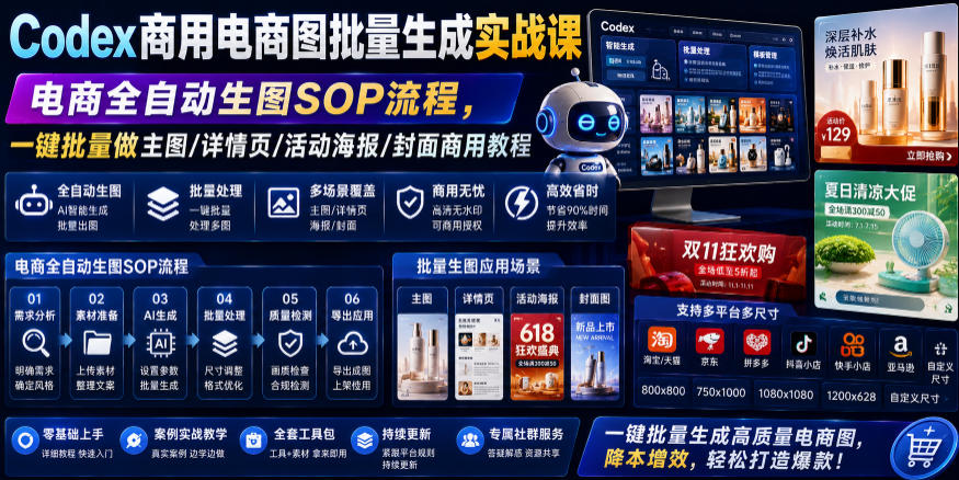 Codex商用电商图批量生成实战课｜电商全自动生图SOP流程，一键批量做主图/详情页/活动海报/封面商用教程