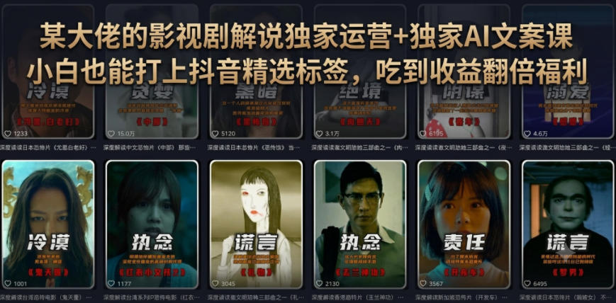 某大佬的影视剧解说独家运营+独家AI文案课，小白0粉丝也能快速打上抖音精选标签、吃到收益翻倍福利