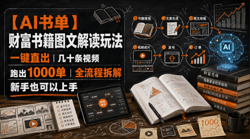 【AI书单】财富书籍图文解读玩法,一键直出,几十条视频,跑出1000单,全流程拆解,新手也可以上手