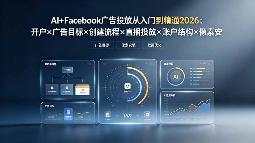AI+Facebook广告投放从入门到精通2026：开户×广告目标×创建流程×直播投放×账户结构×像素安装×AI赋能