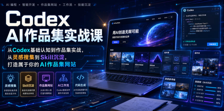Codex AI作品集实战课，从Codex基础认知到作品集实战，从灵感搜集到Skill沉淀，打造属于你的AI作品集网站