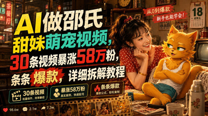 AI做邵氏甜妹萌宠视频，30条视频暴涨58万粉，条条爆款，详细拆解教程