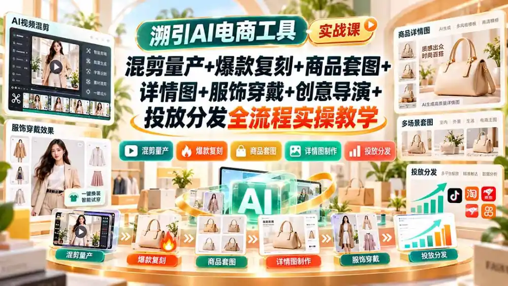 溯引AI电商工具实战课:混剪量产+爆款复刻+商品套图+详情图+服饰穿戴+创意导演+投放分发全流程实操教学