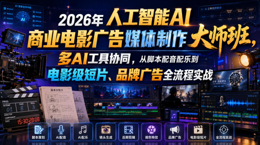 2026年人工智能AI商业电影广告媒体制作大师班,多AI工具协同,从脚本配音配乐到电影级短片、品牌广告全流程实战(中英字幕)