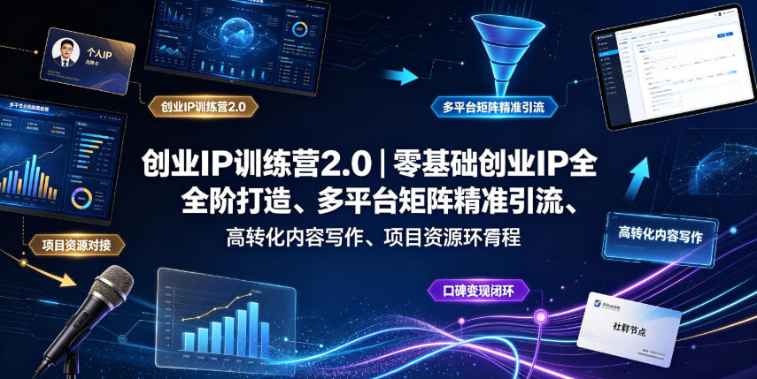 创业IP训练营2.0｜零基础创业IP全阶打造、多平台矩阵精准引流、高转化内容写作、项目资源对接与口碑变现闭环课程