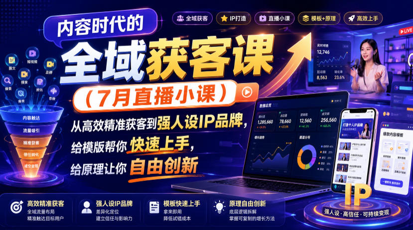 内容时代的全域获客课(7月直播小课)，从高效精准获客到强人设IP品牌，给模版帮你快速上手，给原理让你自由创新