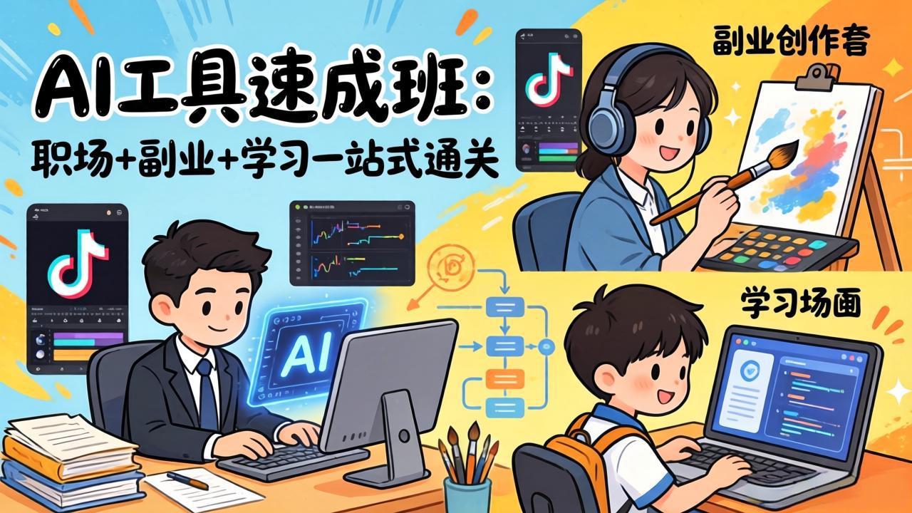 AI工具速成班：职场+副业+学习一站式通关，20+爆款类型+剪映技巧+抖音算法，0基础快速上手