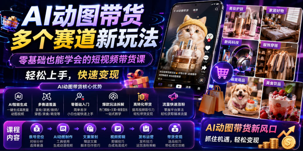 AI动图带货多个赛道新玩法,零基础也能学会的短视频带货课,轻松上手,快速变现