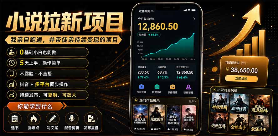 抖音及多平台小说拉新项目：我亲自跑通并持续带徒弟实操｜0基础小白5天上手快速变现