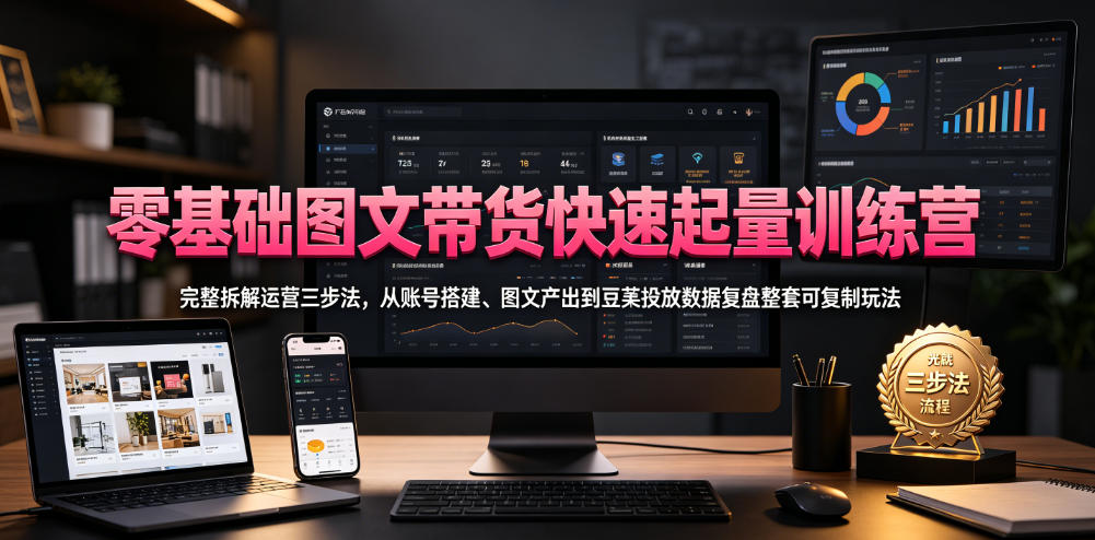 零基础图文带货快速起量训练营,完整拆解运营三步法,从账号搭建、图文产出到豆荚投放数据复盘整套可复制玩法