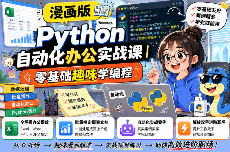 漫画版Python自动化办公实战课｜零基础趣味学编程，全场景办公提效、批量搞定报表文档、解放双手进阶职场