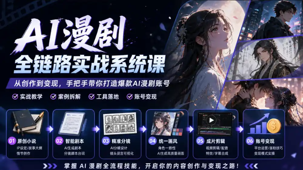 AI漫剧全链路实战系统课|原创小说、智能剧本、精准分镜、统一画风、成片剪辑、账号变现实操教学