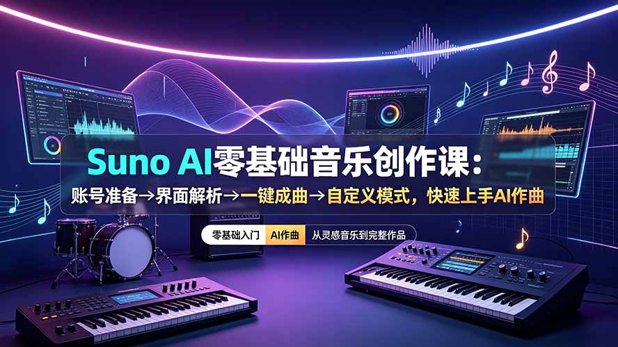 Suno AI零基础音乐创作课：账号准备→界面解析→一键成曲→自定义模式，快速上手AI作曲