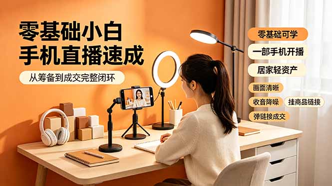 零基础小白手机直播速成，从筹备到成交完整闭环，适配苹果安卓系统，解决杂音卡顿留人难问题