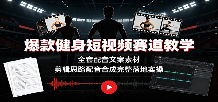 爆款健身短视频赛道教学：全套配音文案素材，剪辑思路配音合成完整落地实操